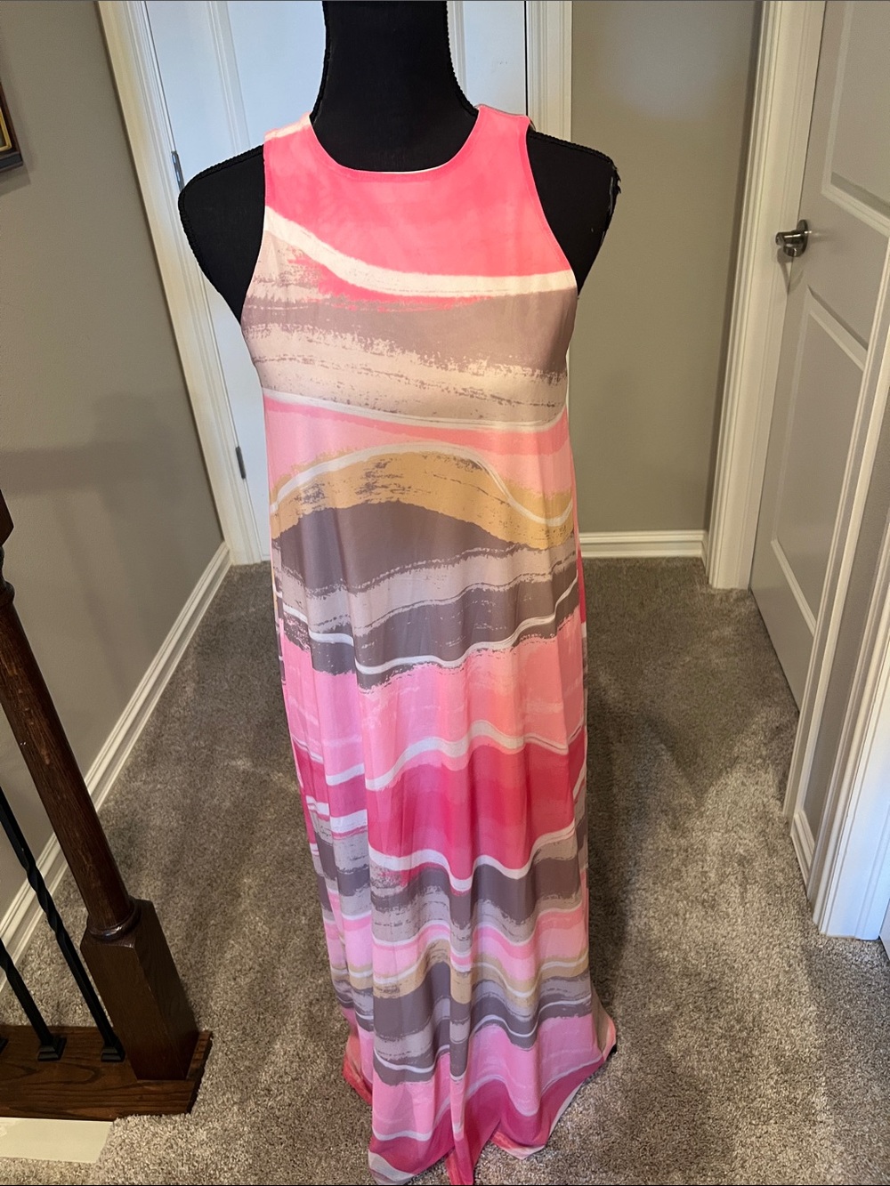 Cato Pink Taupe and Cream Wave-Print Sleeveless Maxi Dress